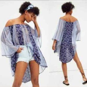 Free People Because I Love You Tunic Indigo Combo Sheer Oversized Top SZ…